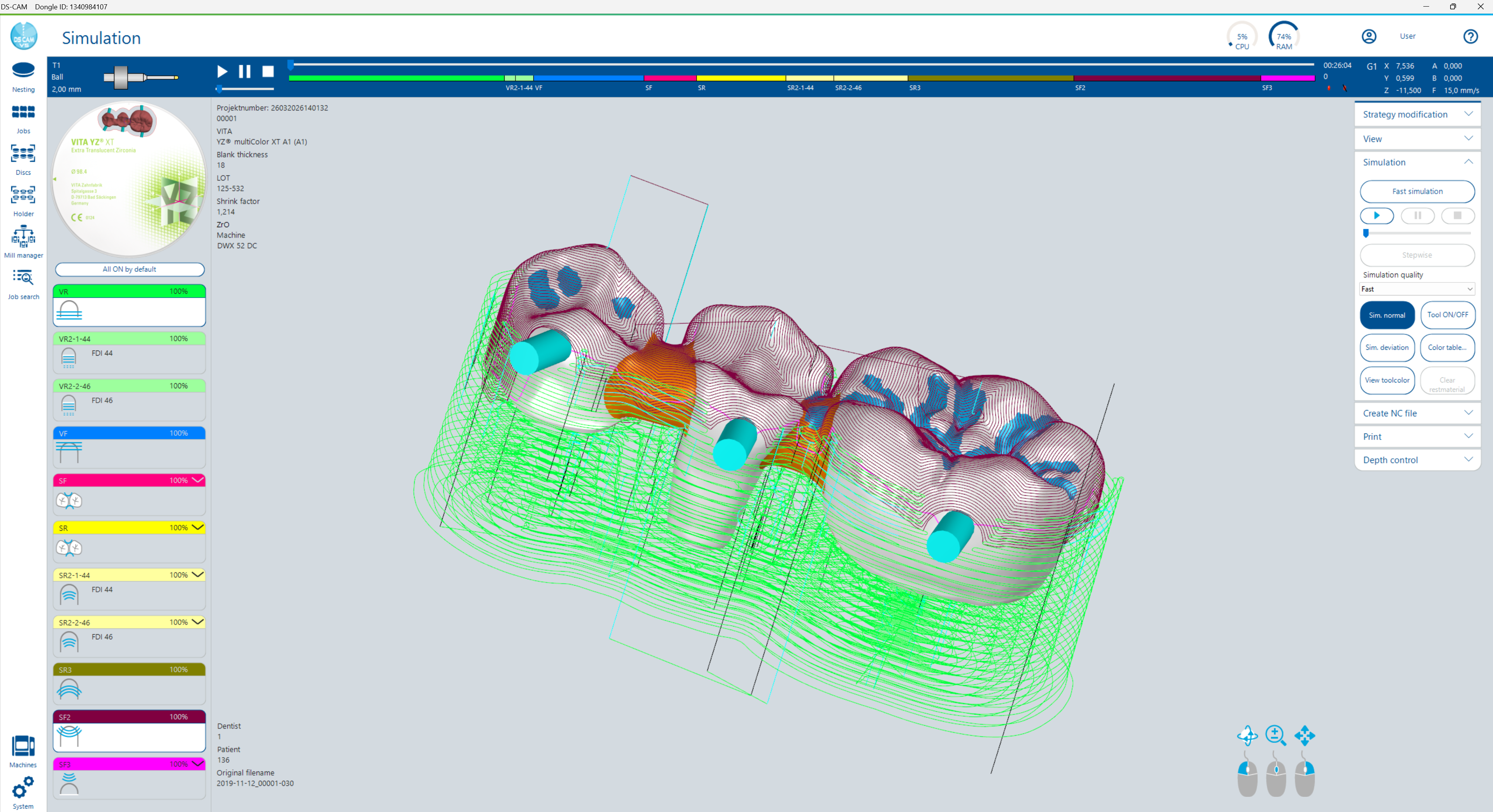 Simulation Dialog – Calculated Milling Paths on the Bridge