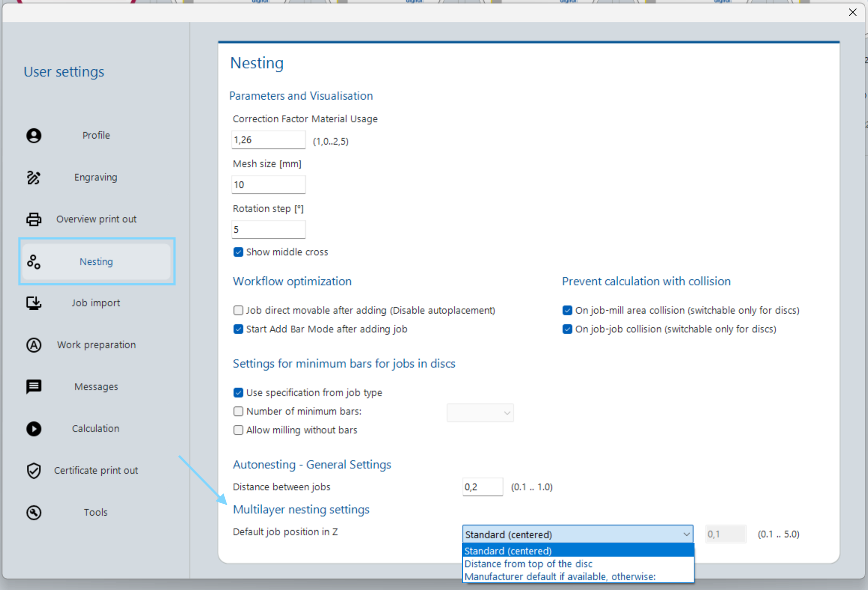 User Settings – Multilayer nesting settings