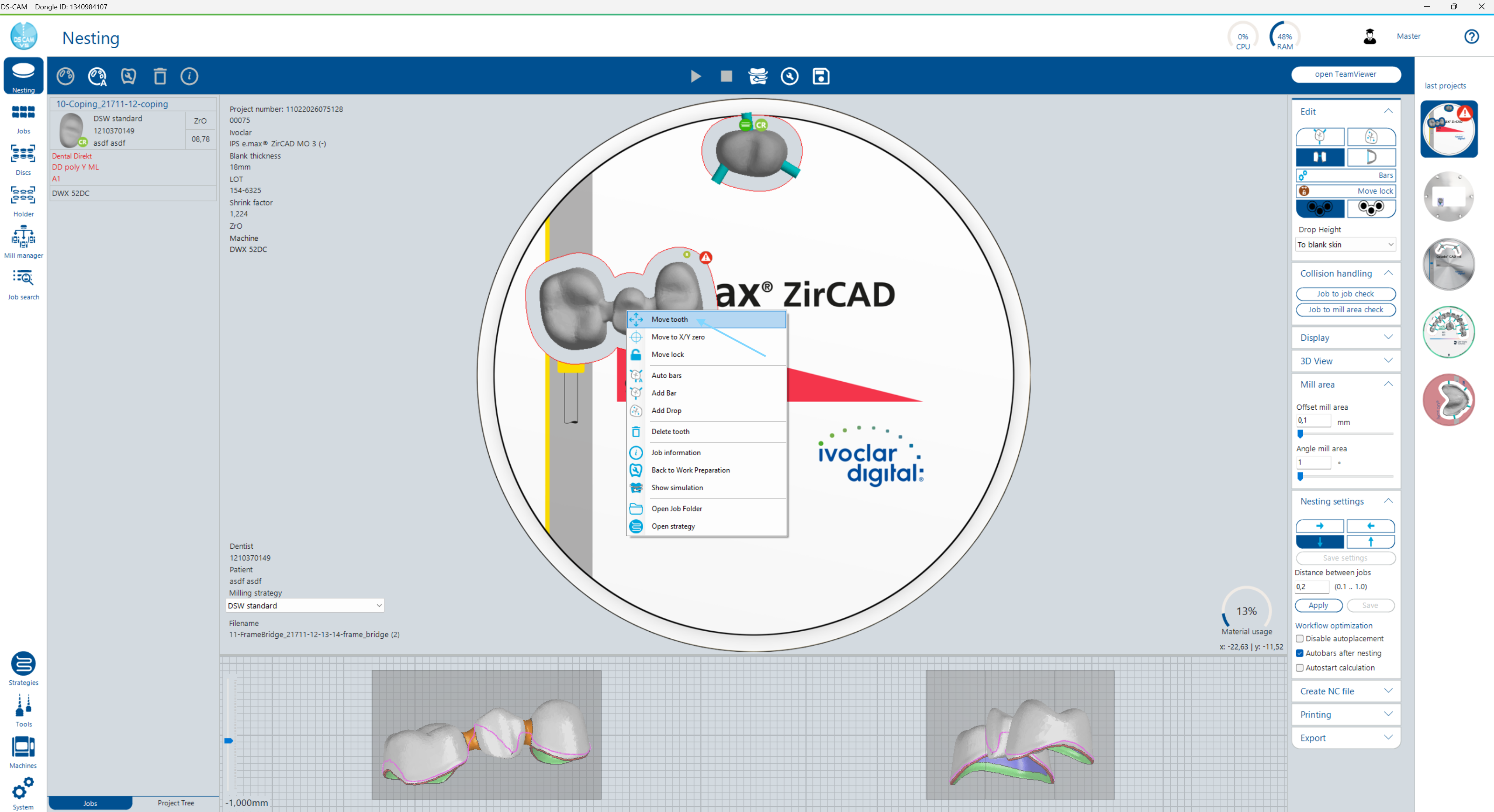 Position Job – Move tooth and Z slider