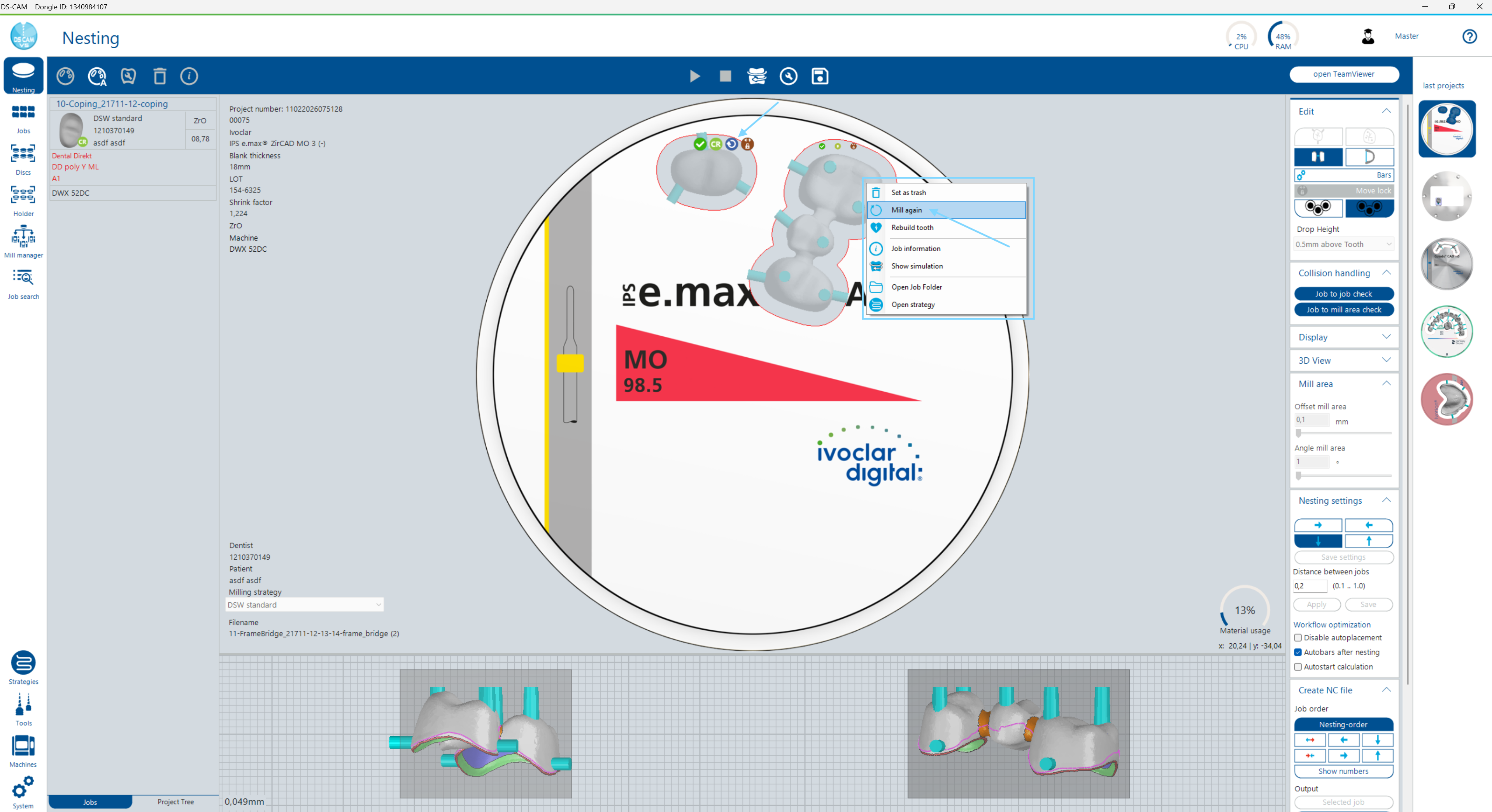 Context Menu – Milling Repetition