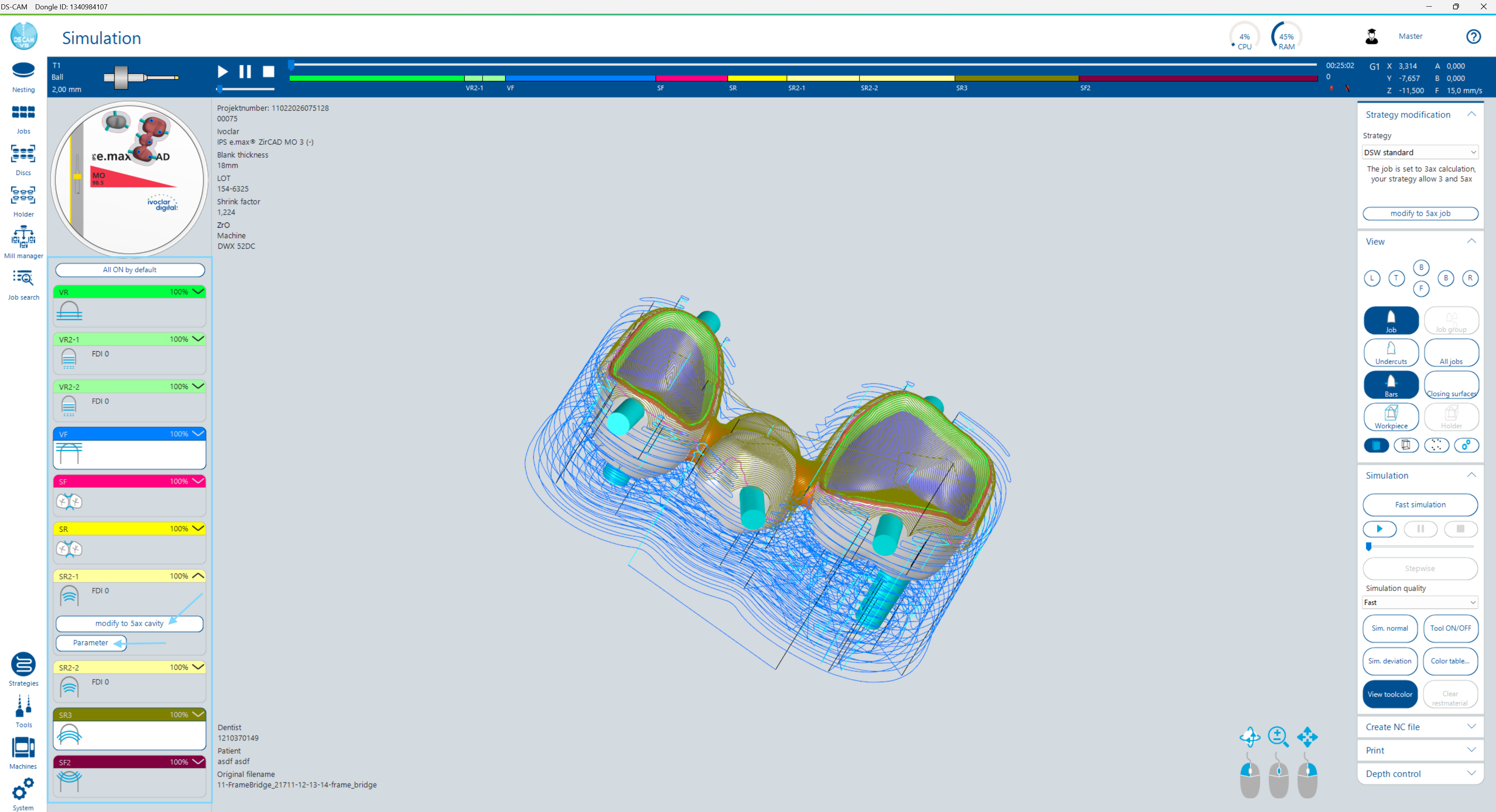 Milling step list with colored bars