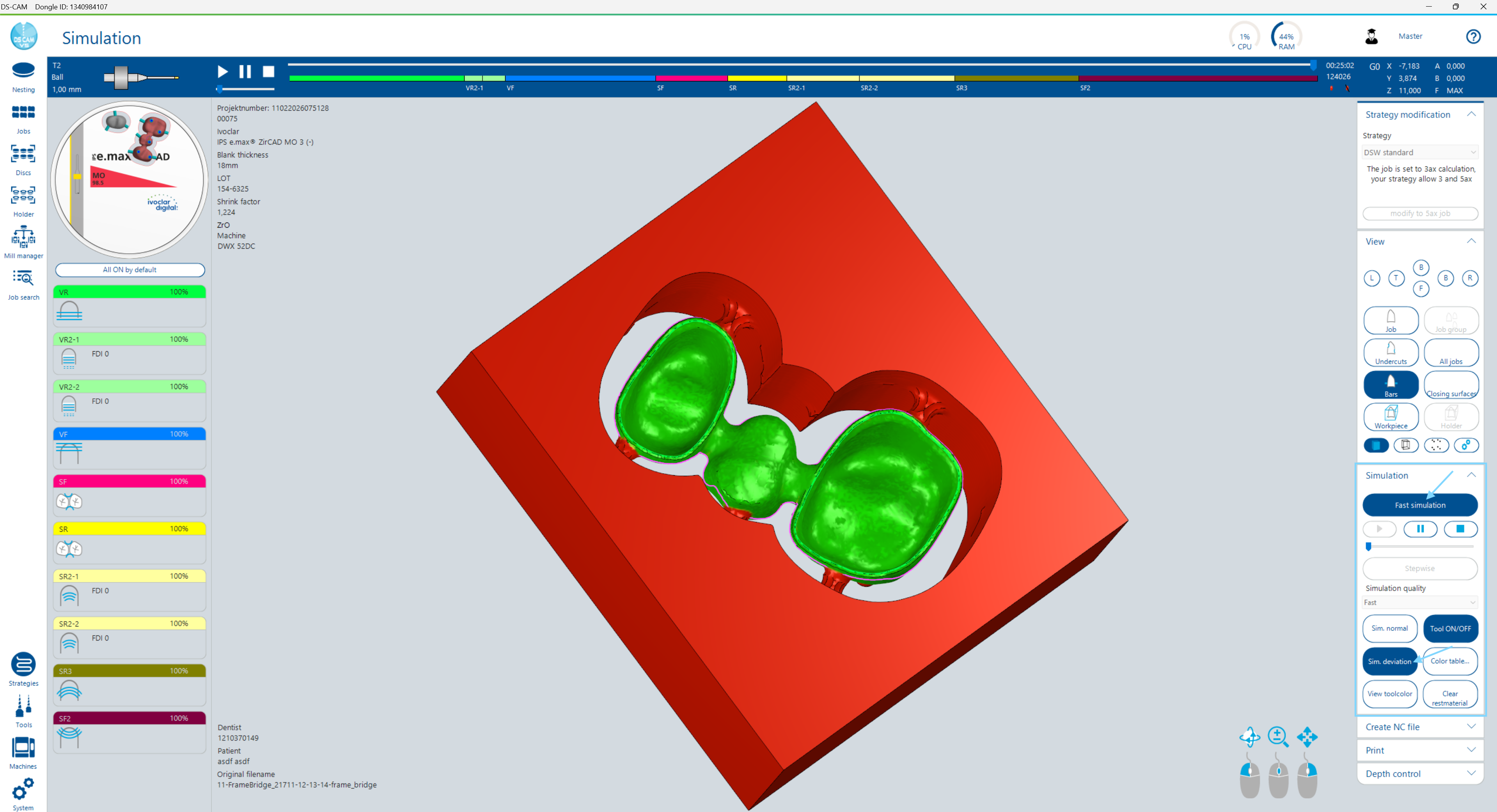 Simulation dialog with a job after fast simulation and residual material display