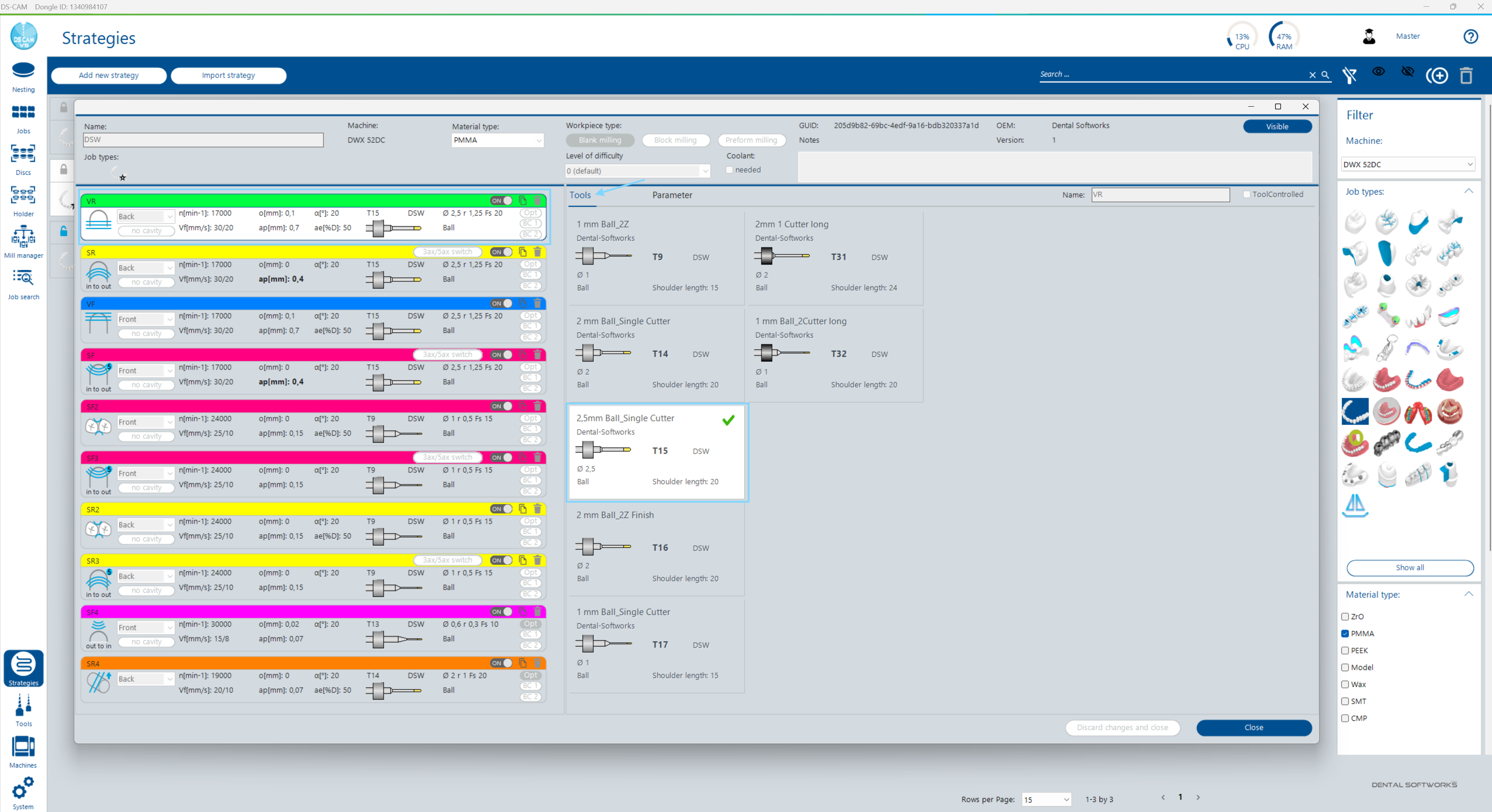 Tools tab with tool cards and green checkmark on the assigned tool