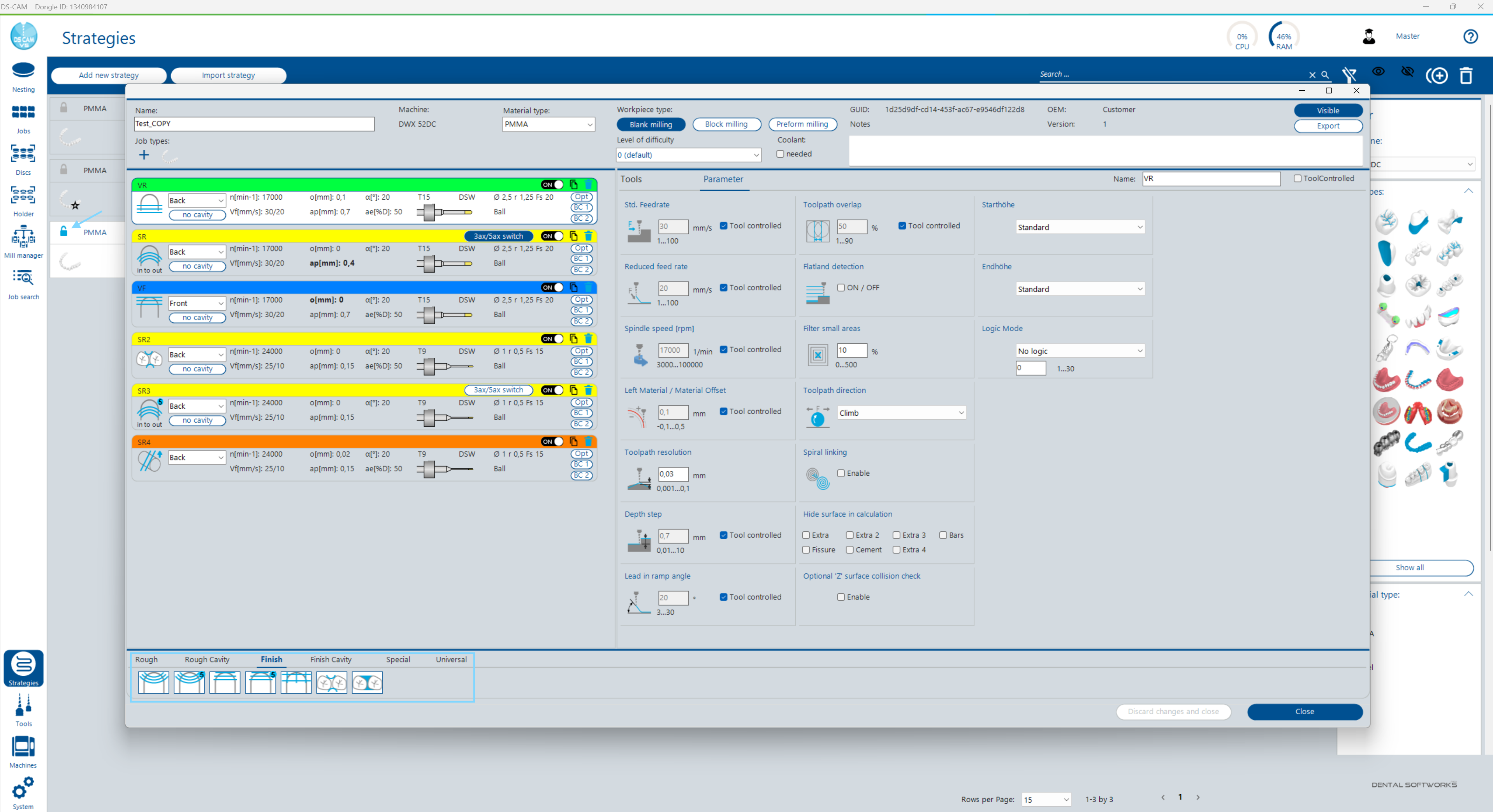 Step type tabs in the lower area (Roughing, Cavity Roughing, Finishing, Cavity Finishing, Special, Universal)