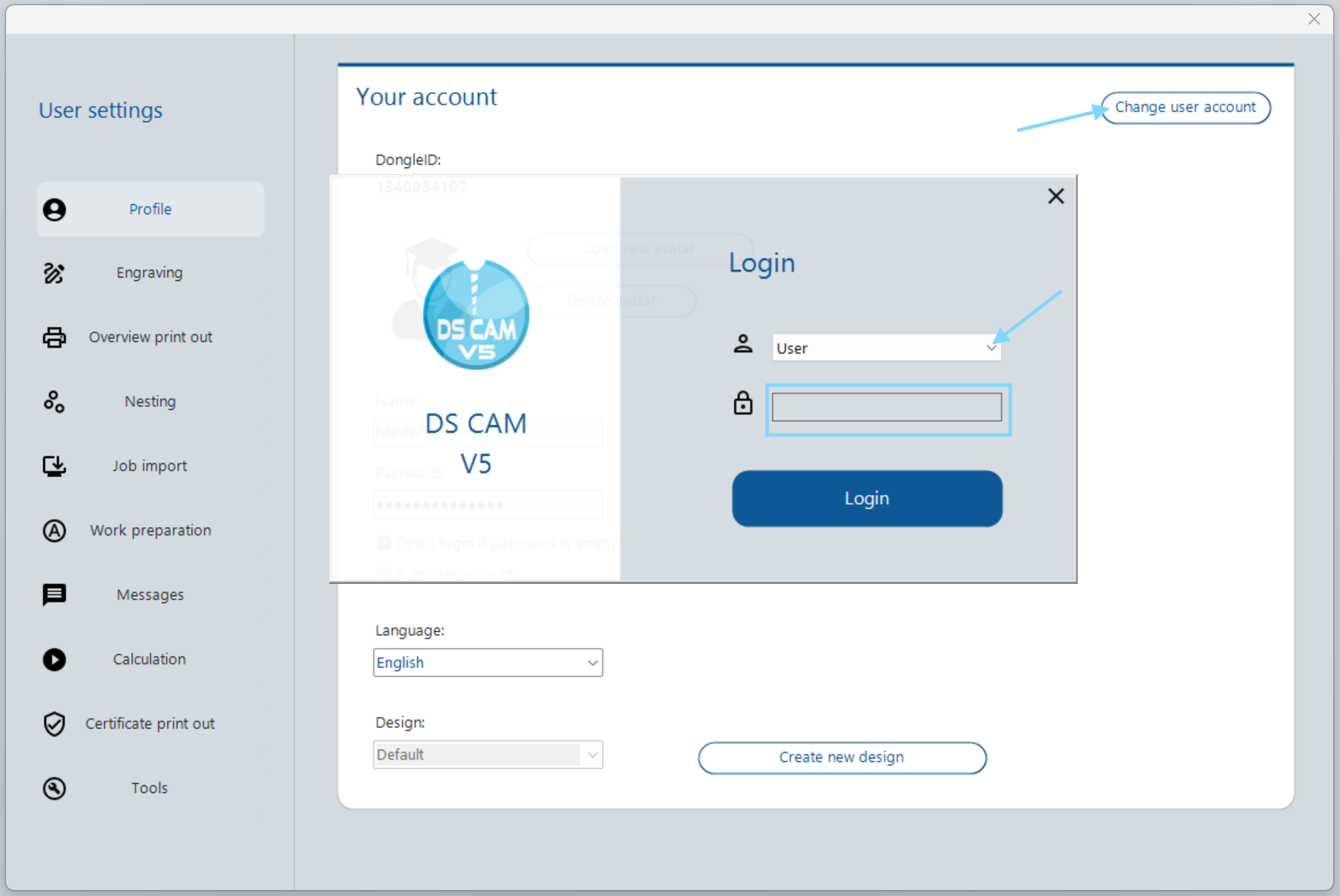 Login window with user selection and password entry