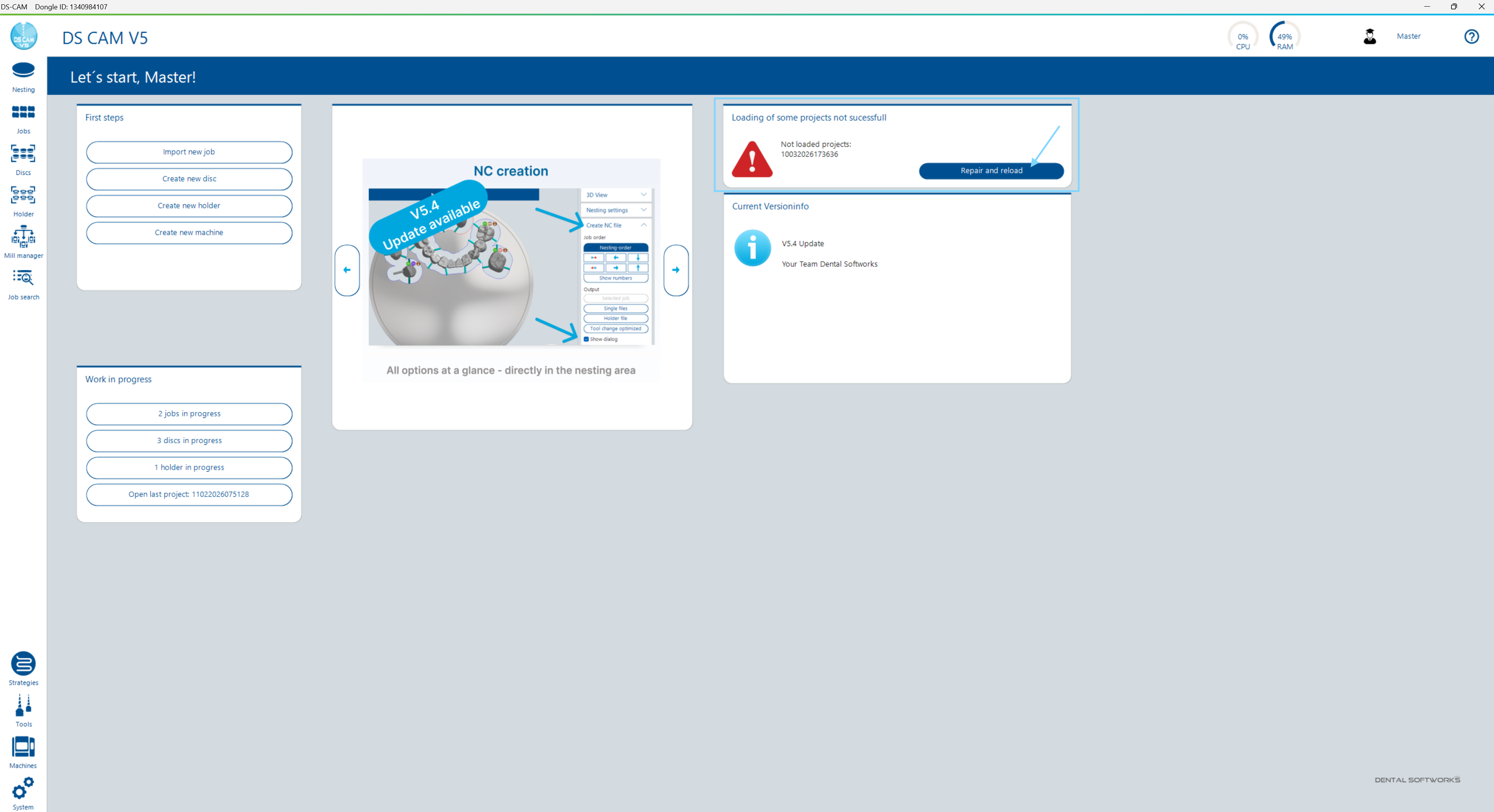 Landing page with faulty project notification and "Repair and reload" button