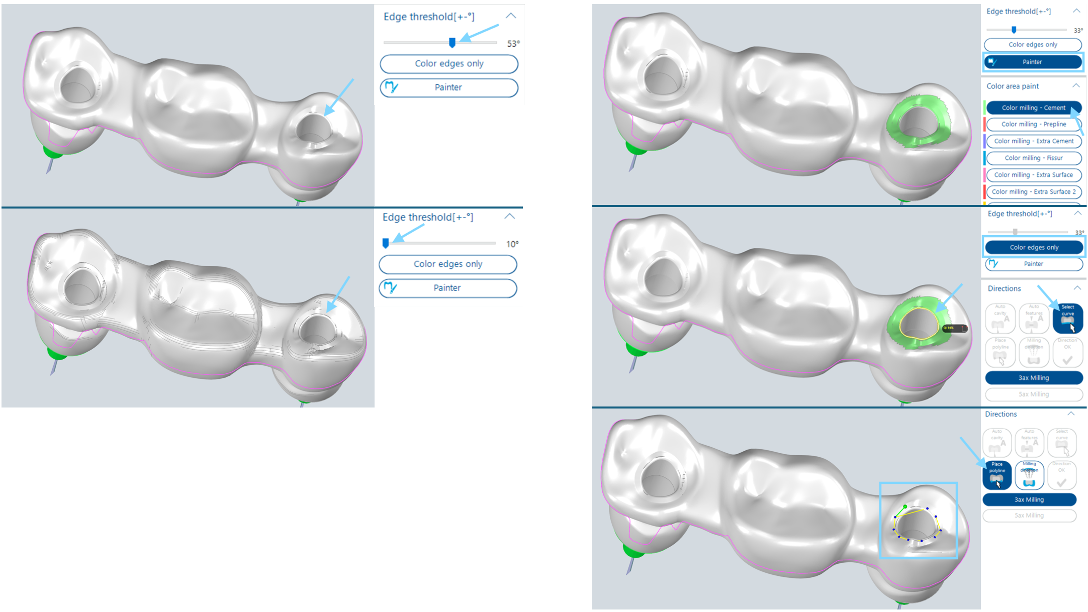 Directions step with edge threshold slider, Painter button and Polyline function